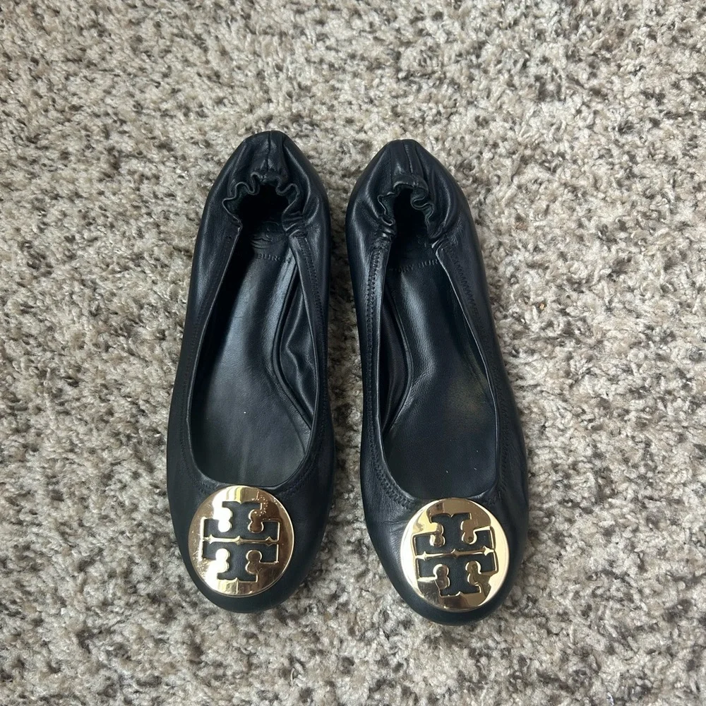 Tory Burch Black Flats with Gold Logo